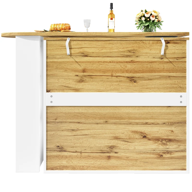 Table de bar effet bois et blanc, plateau pivotant à 360° portes en verre canelé FROSTBLOOM