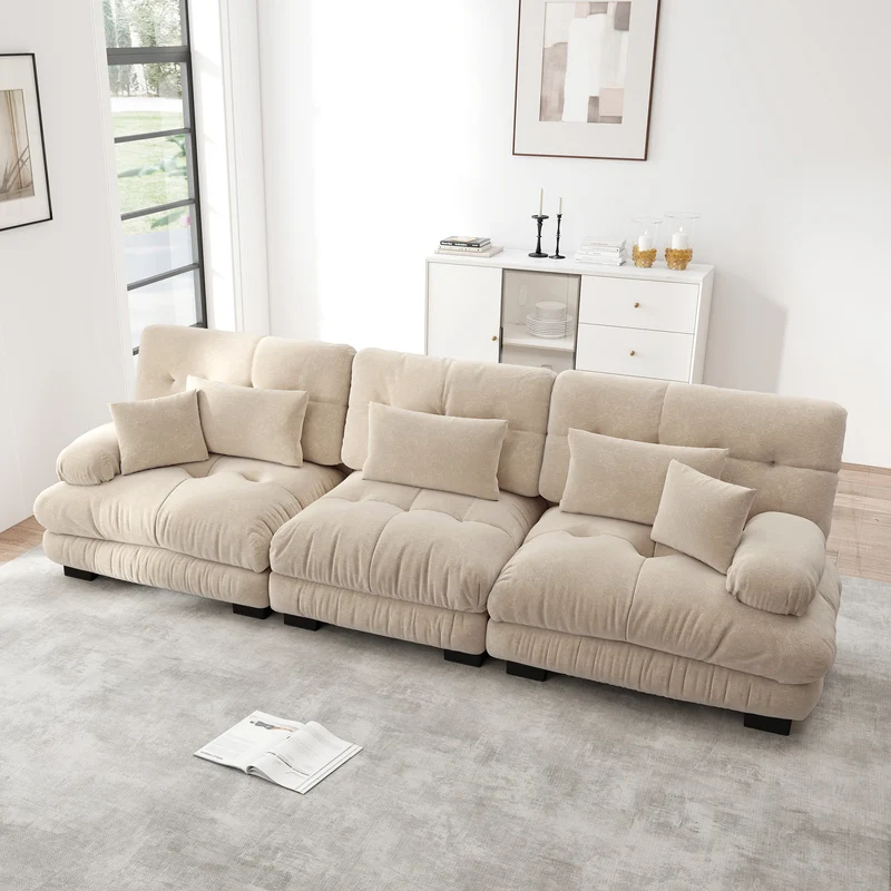 Canapé rembourré modulable 3 places en tissu chenille creme assise profonde SLIME
