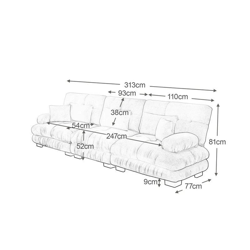 Canapé rembourré modulable 3 places en tissu chenille creme assise profonde SLIME
