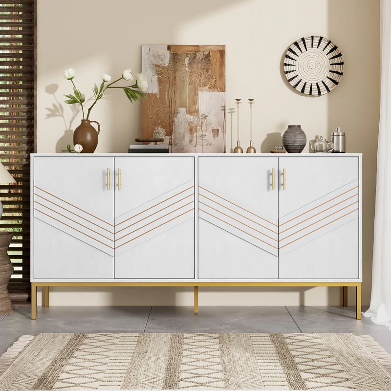Buffet moderne blanc 4 portes texturés et accents dorés THRUKS