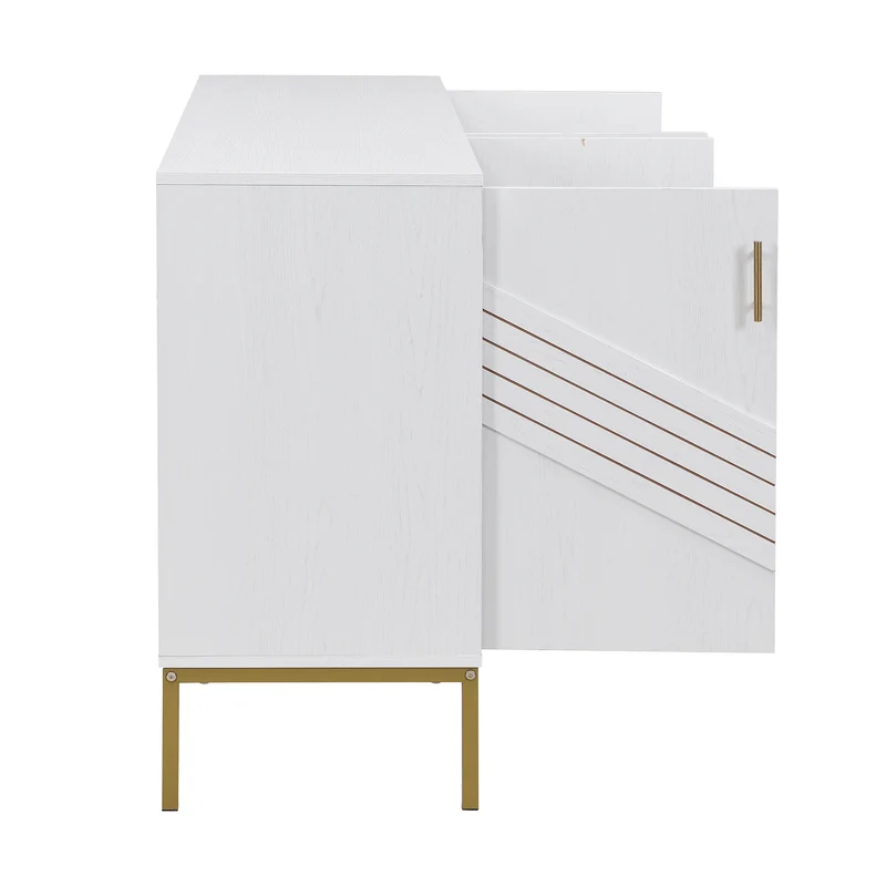 Buffet moderne blanc 4 portes texturés et accents dorés THRUKS