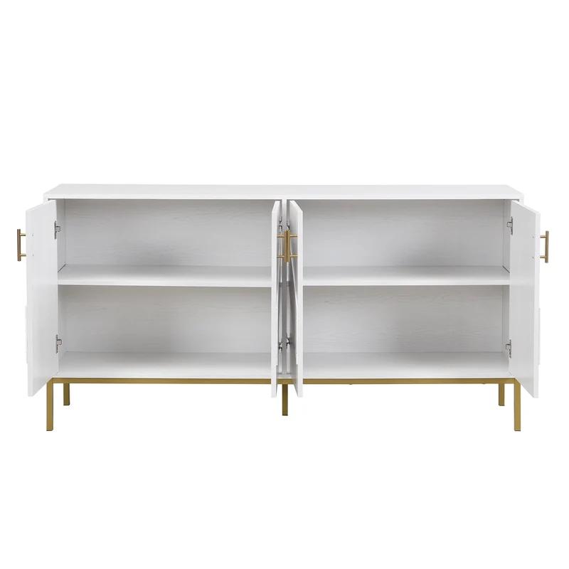 Buffet moderne blanc 4 portes texturés et accents dorés THRUKS