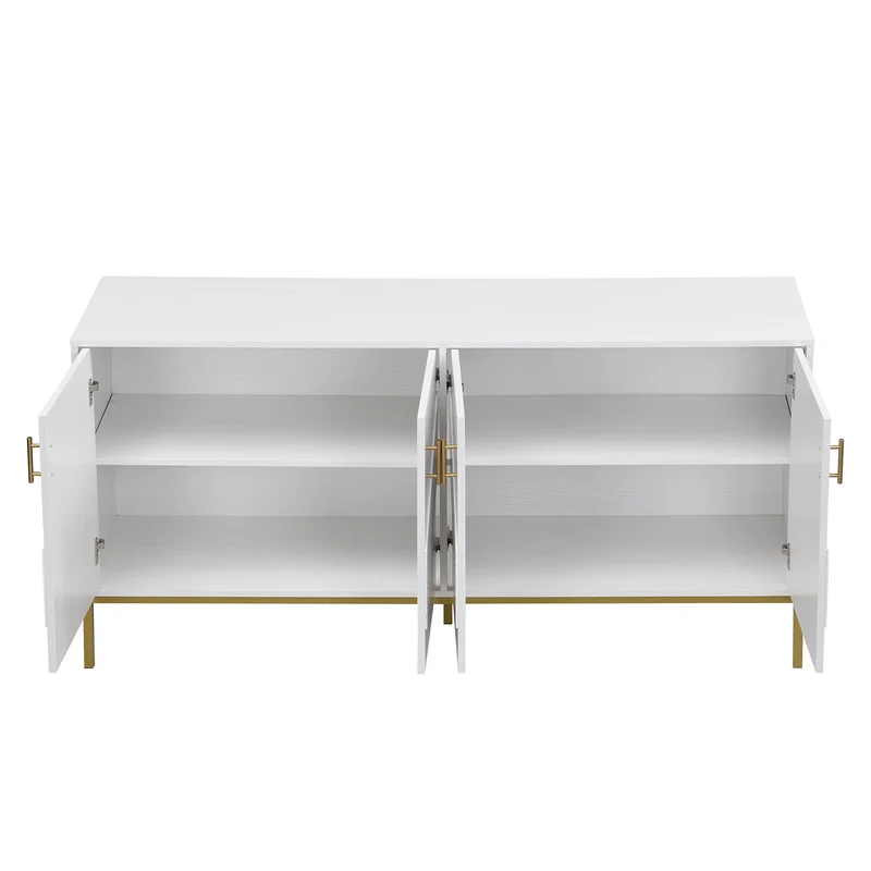 Buffet moderne blanc 4 portes texturés et accents dorés THRUKS
