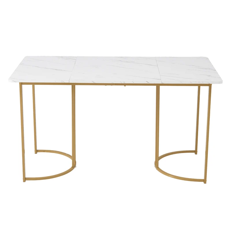 Table de salle à manger rectangulaire moderne en motif marbre blanc pieds dorés 140x80 cm ZUNCAX
