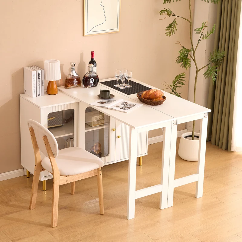 Table de salle à manger avec rangement, plateau rabattable/rotative, portes coulissantes en verre et motif vagues KHUKAET