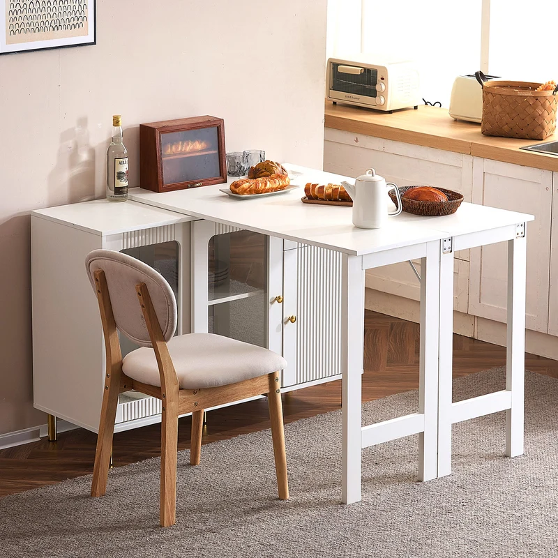 Table de salle à manger avec rangement, plateau rabattable/rotative, portes coulissantes en verre et motif vagues KHUKAET