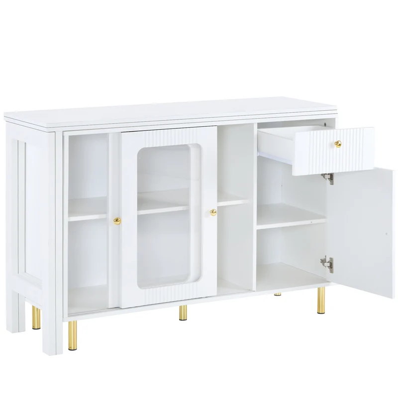 Table de salle à manger avec rangement, plateau rabattable/rotative, portes coulissantes en verre et motif vagues KHUKAET