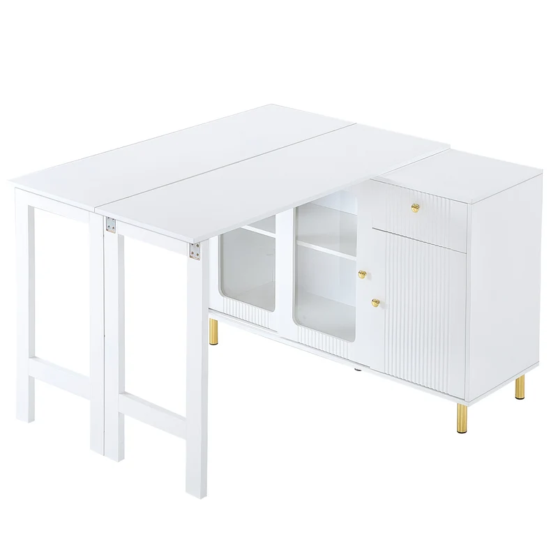Table de salle à manger avec rangement, plateau rabattable/rotative, portes coulissantes en verre et motif vagues KHUKAET