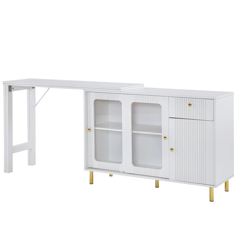 Table de salle à manger avec rangement, plateau rabattable/rotative, portes coulissantes en verre et motif vagues KHUKAET