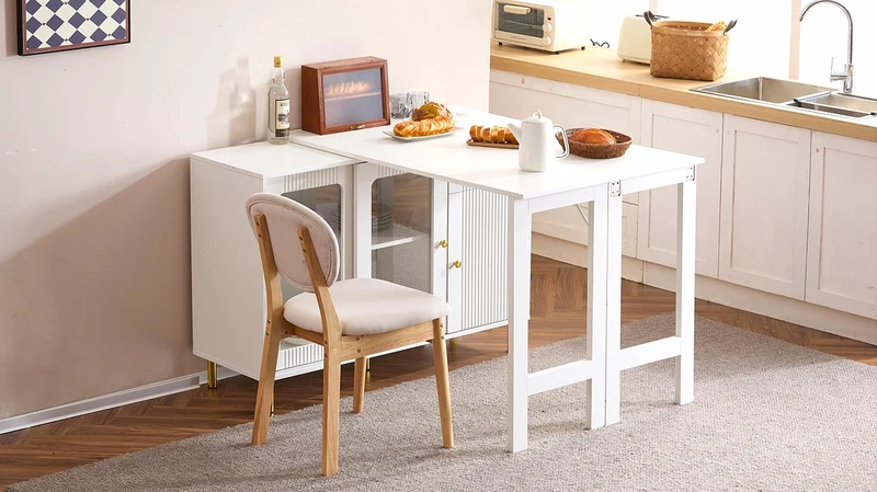Table de salle à manger avec rangement, plateau rabattable/rotative, portes coulissantes en verre et motif vagues KHUKAET