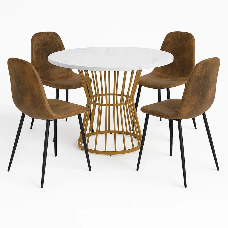 Ensemble de salle à manger élégant avec une table ronde avec un plateau effet marbre blanc et des chaises en faux daim AIZU+CHARLTON SUEDE BROWN