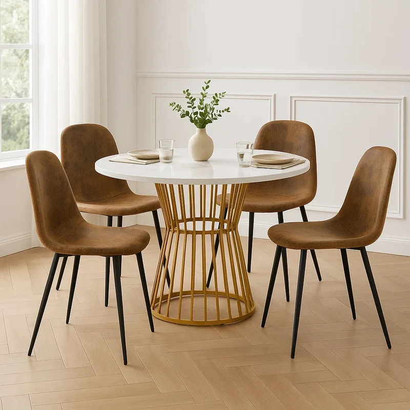Ensemble de salle à manger élégant avec une table ronde avec un plateau effet marbre blanc et des chaises en faux daim AIZU+CHARLTON SUEDE BROWN