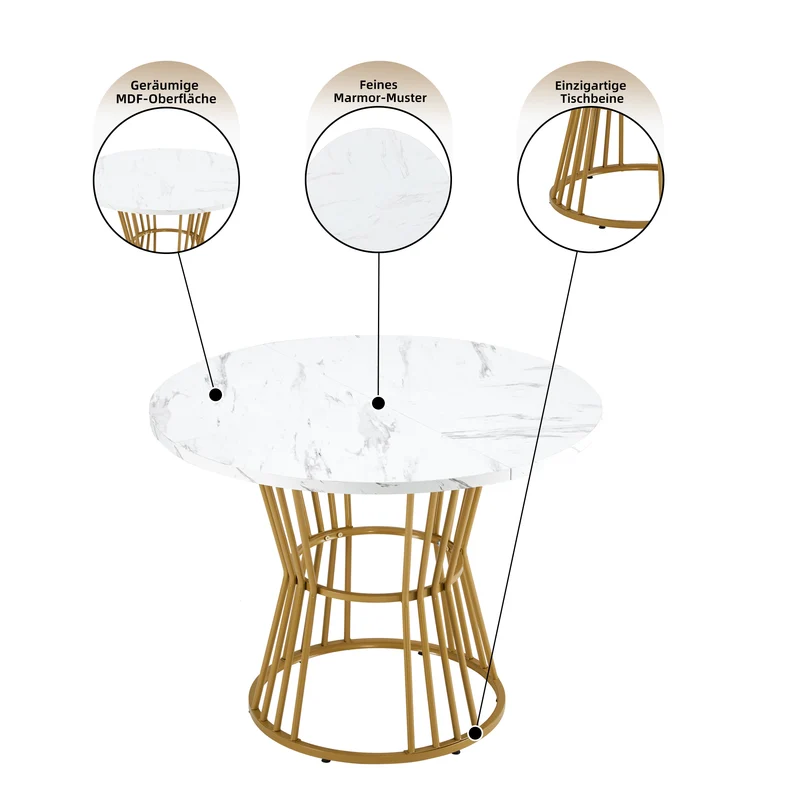 Ensemble de salle à manger élégant avec une table ronde avec un plateau effet marbre blanc et des chaises en faux daim AIZU+CHARLTON SUEDE BROWN