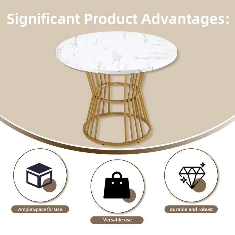 Ensemble de salle à manger élégant avec une table ronde avec un plateau effet marbre blanc et des chaises en faux daim AIZU+CHARLTON SUEDE BROWN