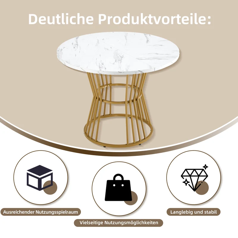 Ensemble de salle à manger élégant avec une table ronde avec un plateau effet marbre blanc et des chaises en faux daim AIZU+CHARLTON SUEDE BROWN