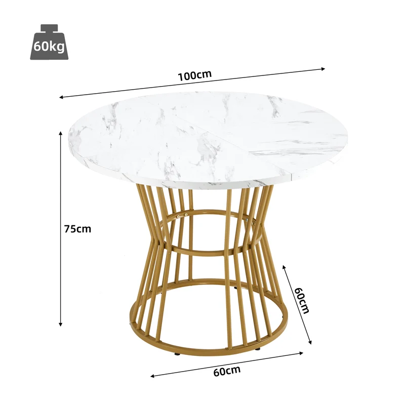 Ensemble de salle à manger élégant avec une table ronde avec un plateau effet marbre blanc et des chaises en faux daim AIZU+CHARLTON SUEDE BROWN