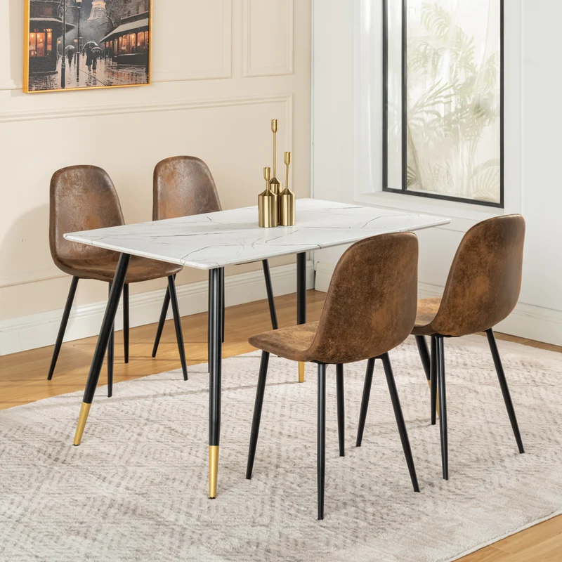 Ensemble table blanche effet marbre et 4 chaises scandinaves rétros WHALEN MARBLE TABLE BG+CHARLTON SUEDE BROWN S FRXZ