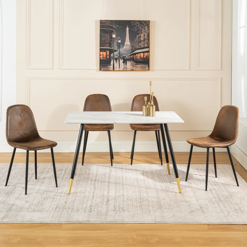 Ensemble table blanche effet marbre et 4 chaises scandinaves rétros WHALEN MARBLE TABLE BG+CHARLTON SUEDE BROWN S FRXZ