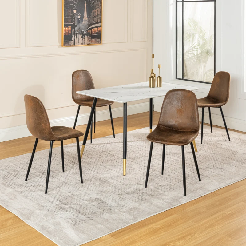 Ensemble table blanche effet marbre et 4 chaises scandinaves rétros WHALEN MARBLE TABLE BG+CHARLTON SUEDE BROWN S FRXZ