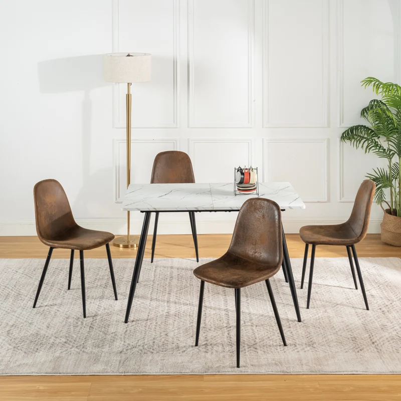 Ensemble table blanche effet marbre et 4 chaises scandinaves rétros marrons WHALEN WHITE MARBLE TABLE 120 KD + CHARLTON SUEDE BROWN S