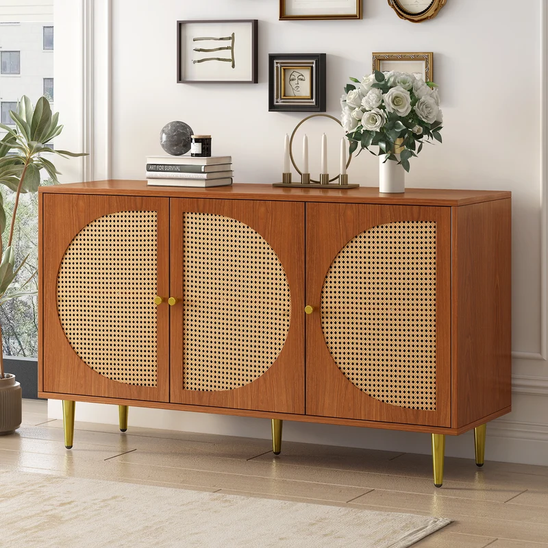 Buffet effet bois noyer avec 3 portes en rotin poignées pieds dorés 129,8x40x76cm OMOILL