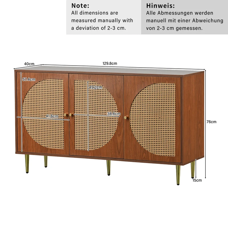 Buffet effet bois noyer avec 3 portes en rotin poignées pieds dorés 129,8x40x76cm OMOILL