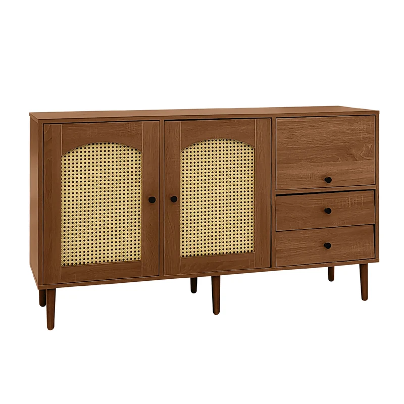 Buffet vintage effet bois avec portes en rotin 2 portes 2 tiroirs 130x75,5x40cm CROLZOI