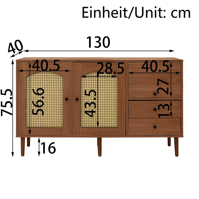 Buffet vintage effet bois avec portes en rotin 2 portes 2 tiroirs 130x75,5x40cm CROLZOI