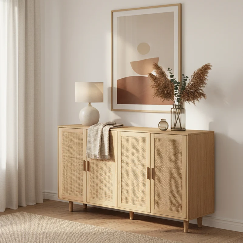 Buffet élégant effet bois nature 4 portes en rotin ECTOSYMB