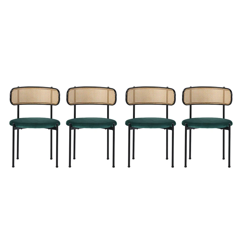 Lot de 4 chaises de salle à manger rétro vintage dossier en rotin assise velours sapin vert YUHRAR GREEN