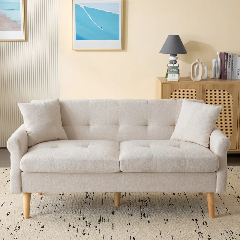 Canapé 2 places tissu chenille beige coussins épais pieds bois massif 162*74*77cm CATTAILBEND