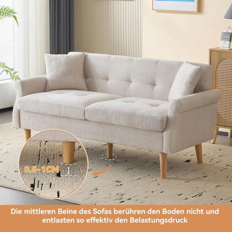 Canapé 2 places tissu chenille beige coussins épais pieds bois massif 162*74*77cm CATTAILBEND