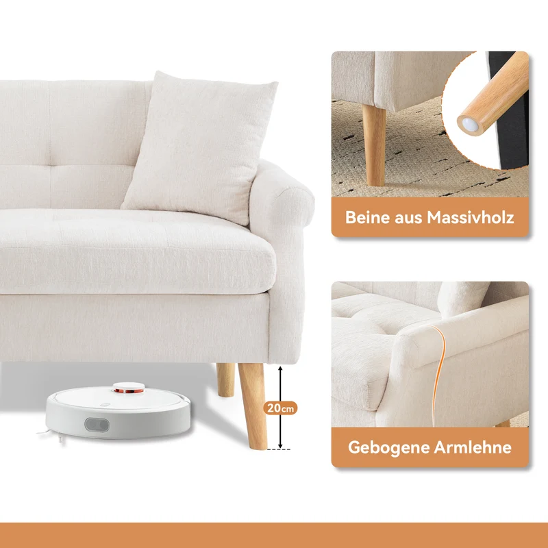 Canapé 2 places tissu chenille beige coussins épais pieds bois massif 162*74*77cm CATTAILBEND
