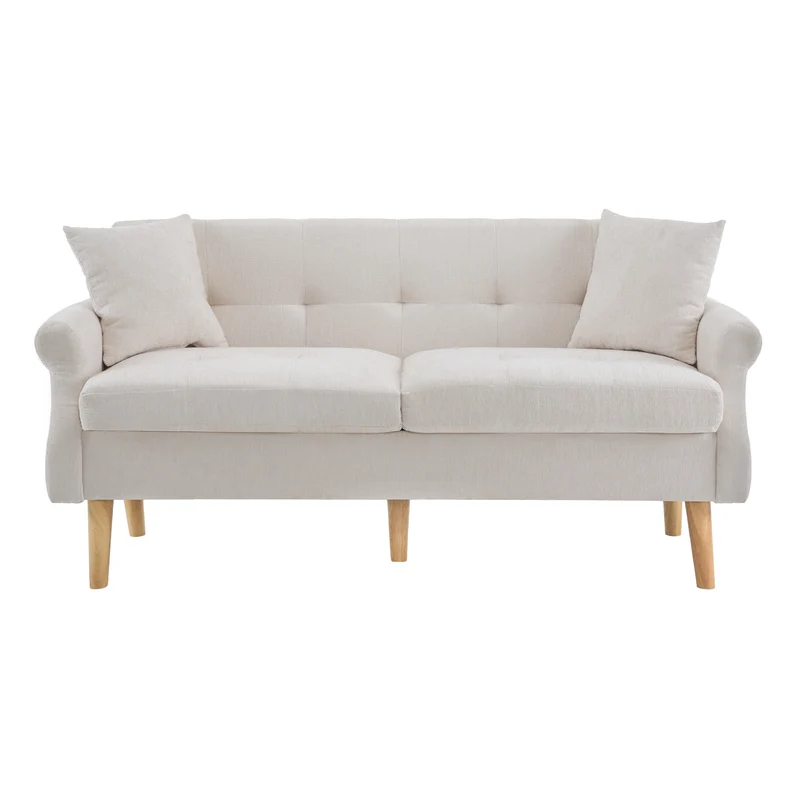 Canapé 2 places tissu chenille beige coussins épais pieds bois massif 162*74*77cm CATTAILBEND