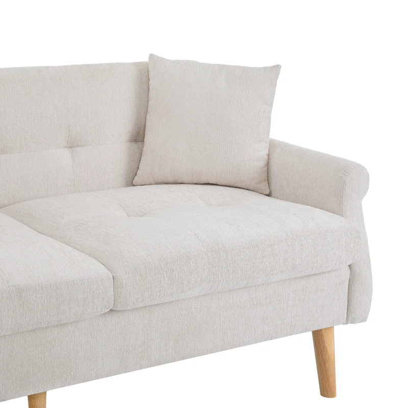 Canapé 2 places tissu chenille beige coussins épais pieds bois massif 162*74*77cm CATTAILBEND