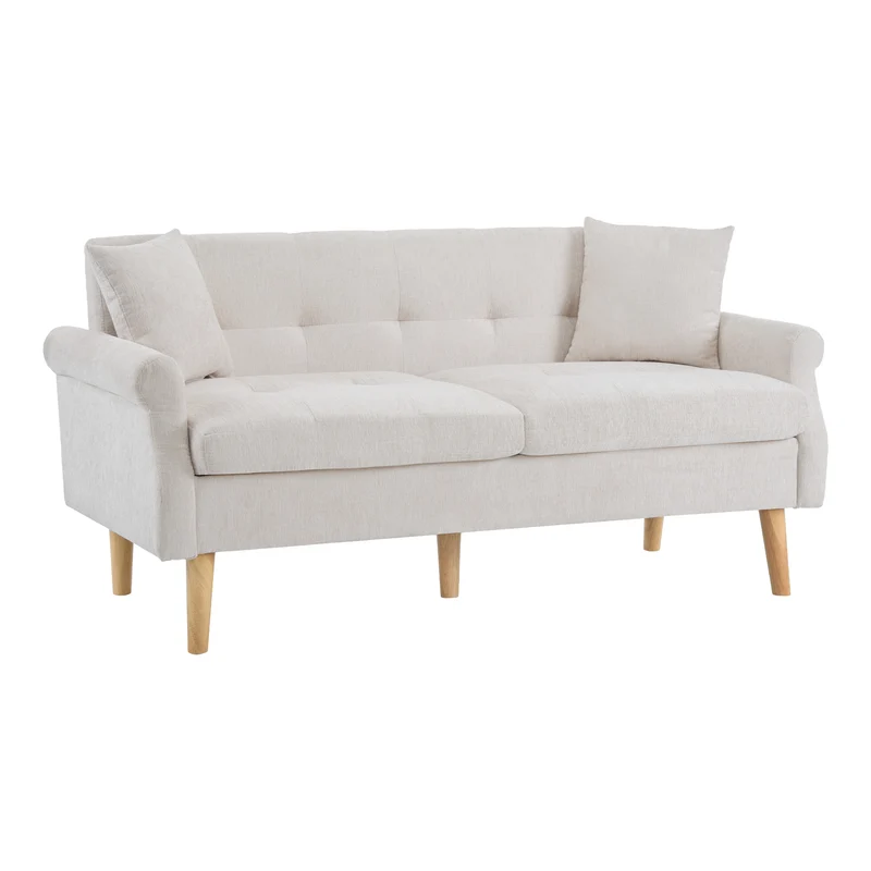 Canapé 2 places tissu chenille beige coussins épais pieds bois massif 162*74*77cm CATTAILBEND
