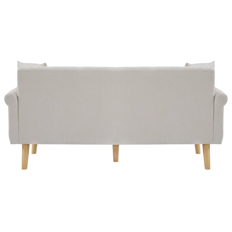 Canapé 2 places tissu chenille beige coussins épais pieds bois massif 162*74*77cm CATTAILBEND