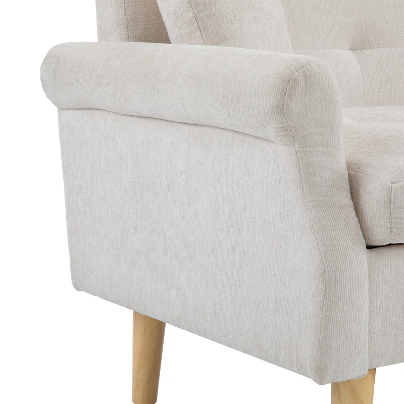 Canapé 2 places tissu chenille beige coussins épais pieds bois massif 162*74*77cm CATTAILBEND