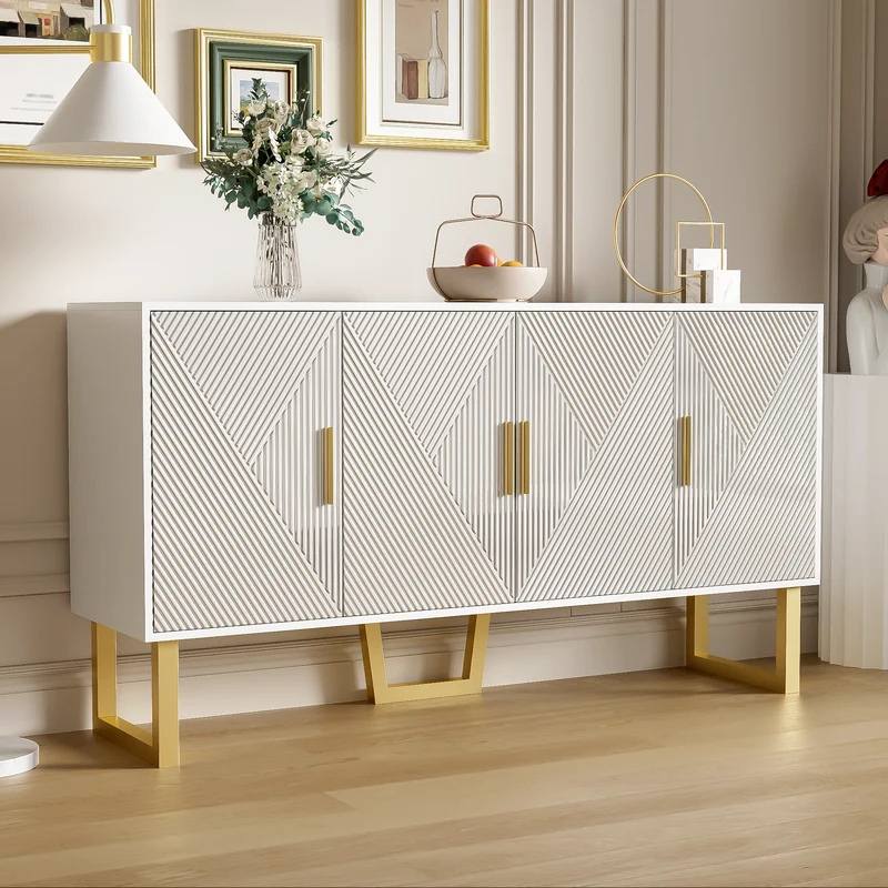 Buffet luxe blanc laqué portes texturées et accents dorées BOCAS