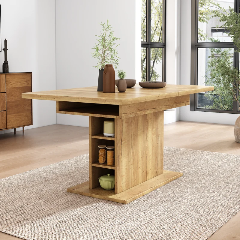 Table à manger extensible effet bois avec rangement L110/130*W70*H75 DRUUKIED WOOD