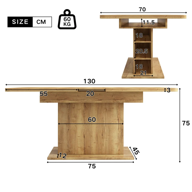 Table à manger extensible effet bois avec rangement L110/130*W70*H75 DRUUKIED WOOD