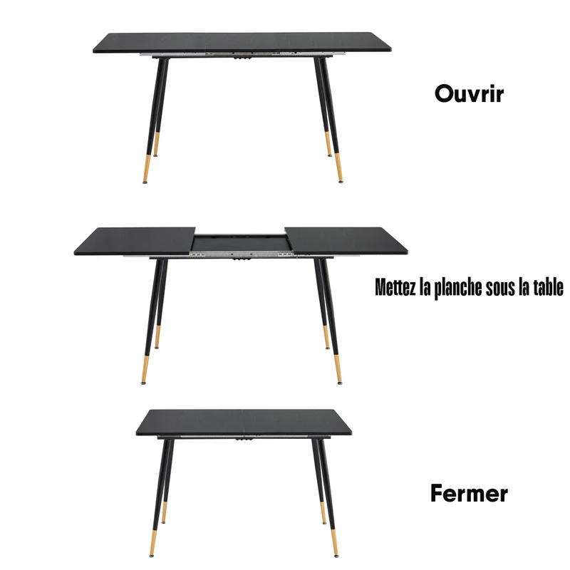 Table de salle à manger rectangulaire extensible noir effet bois de style scandinave pieds points dorés 120-160 WHALEN DARK WOOD STRETCH TABLE BG