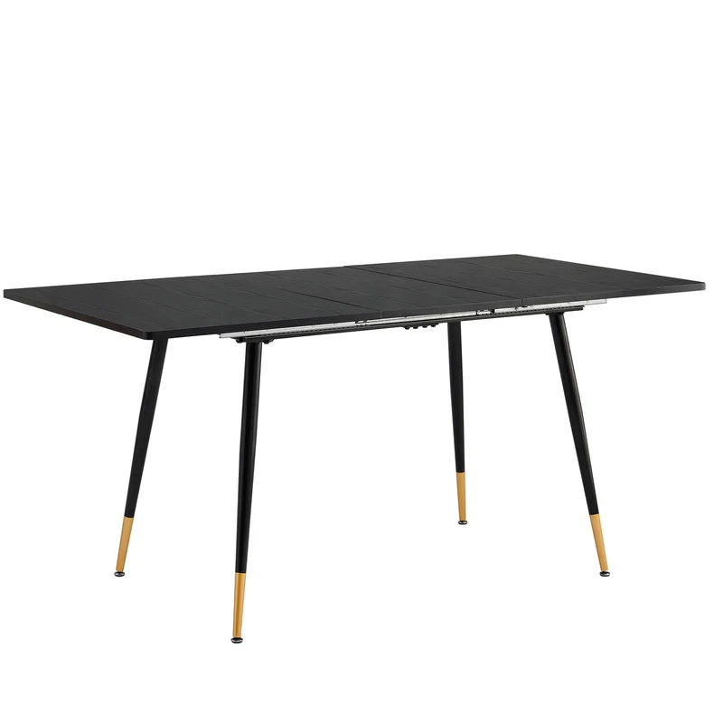 Table de salle à manger rectangulaire extensible noir effet bois de style scandinave pieds points dorés 120-160 WHALEN DARK WOOD STRETCH TABLE BG