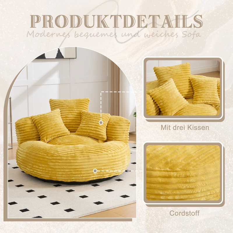 Canapé chauffeuse fauteuil rond en velours côtelé chenille jaune fauteuil lounge LARVALCASE