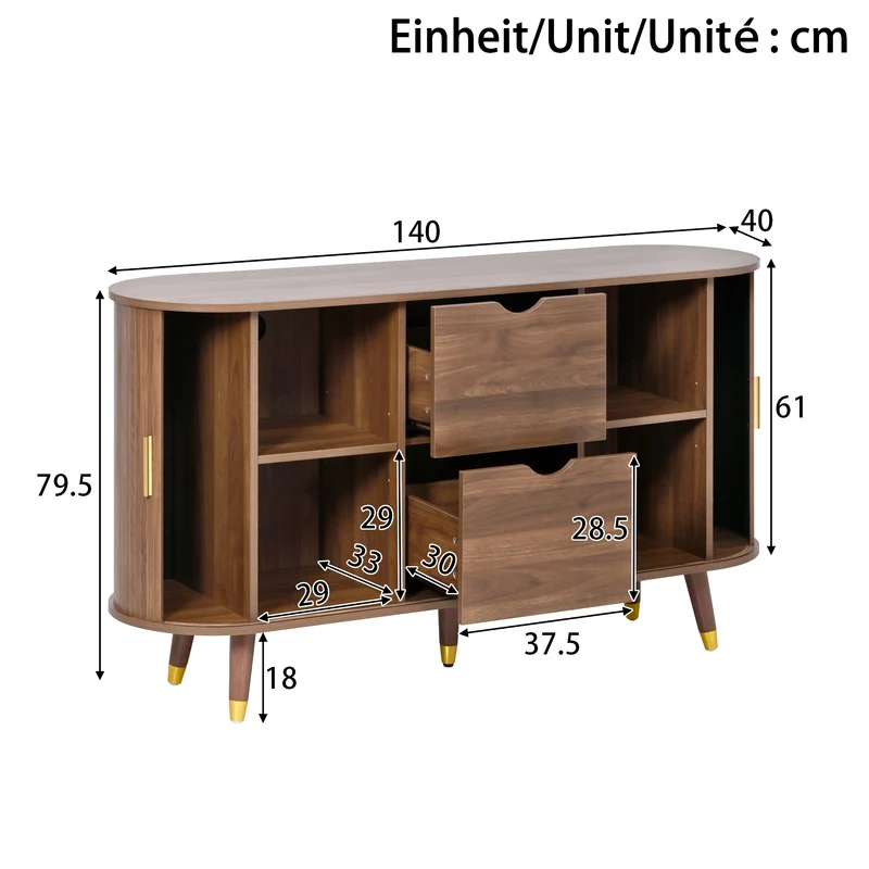 Buffet rétro vintage effet noyer 2 portes coulissantes, 2 tiroirs, pieds bois et points dorés design arrondi CASCADENYX