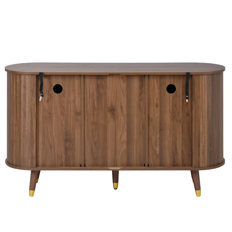Buffet rétro vintage effet noyer 2 portes coulissantes, 2 tiroirs, pieds bois et points dorés design arrondi CASCADENYX