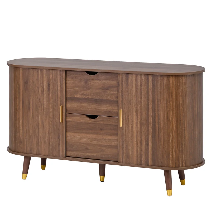 Buffet rétro vintage effet noyer 2 portes coulissantes, 2 tiroirs, pieds bois et points dorés design arrondi CASCADENYX