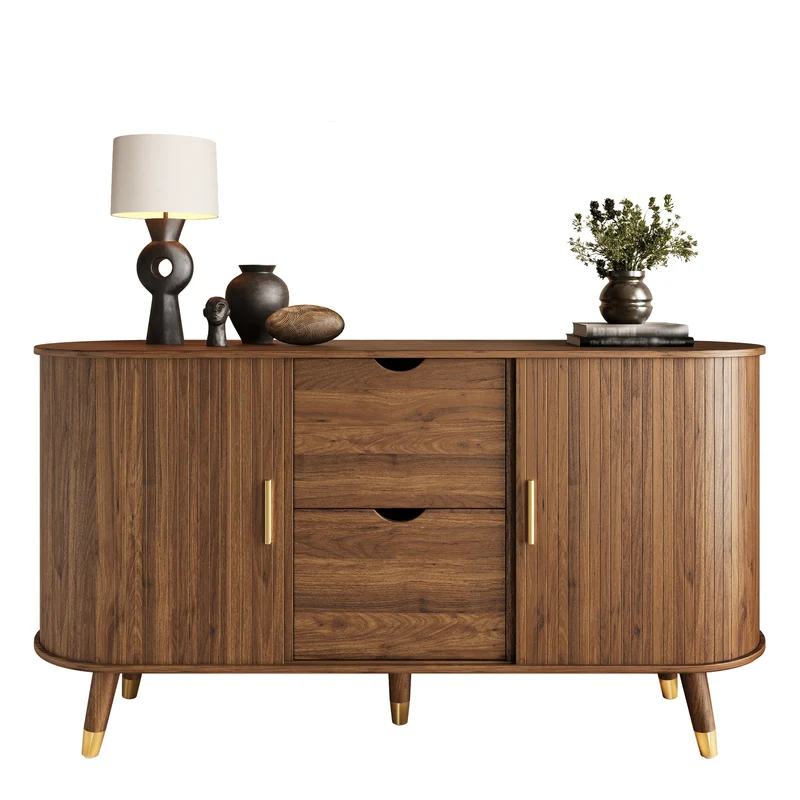 Buffet rétro vintage effet noyer 2 portes coulissantes, 2 tiroirs, pieds bois et points dorés design arrondi CASCADENYX