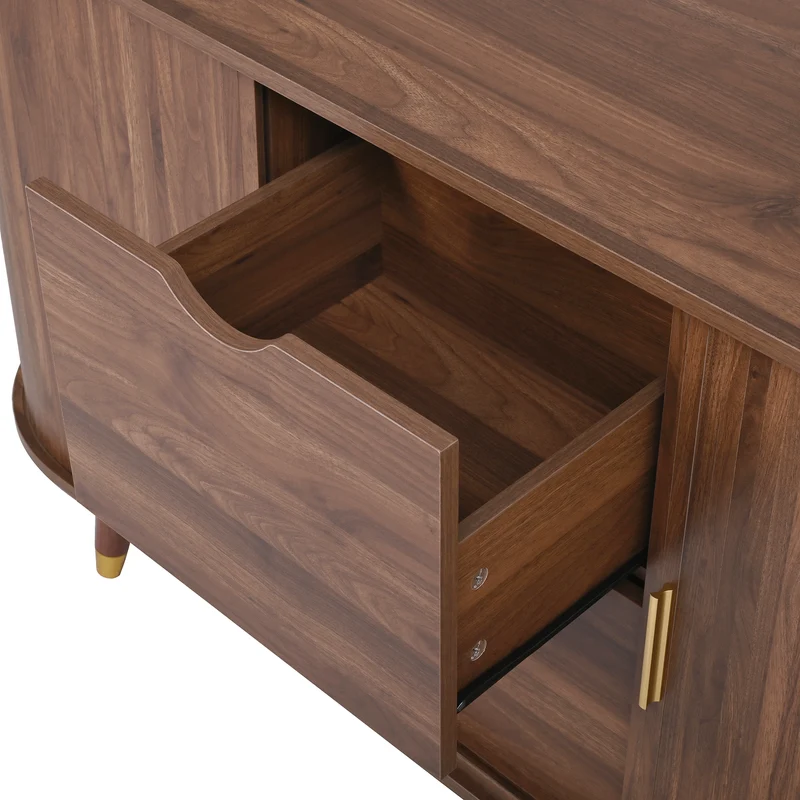 Buffet rétro vintage effet noyer 2 portes coulissantes, 2 tiroirs, pieds bois et points dorés design arrondi CASCADENYX