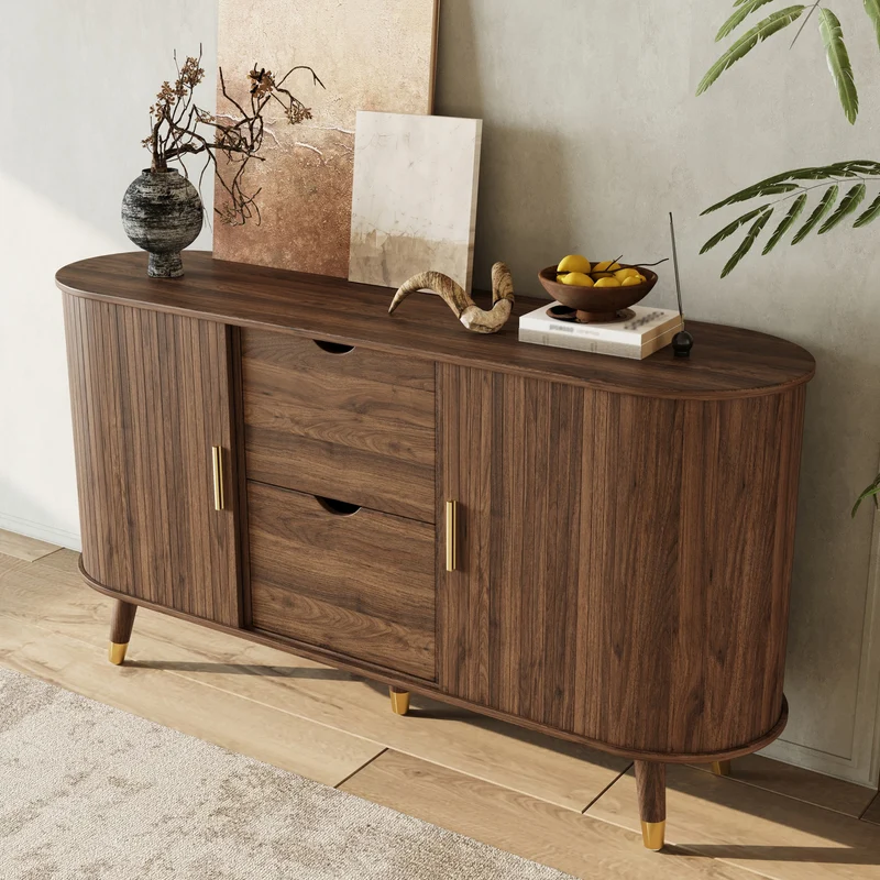 Buffet rétro vintage effet noyer 2 portes coulissantes, 2 tiroirs, pieds bois et points dorés design arrondi CASCADENYX